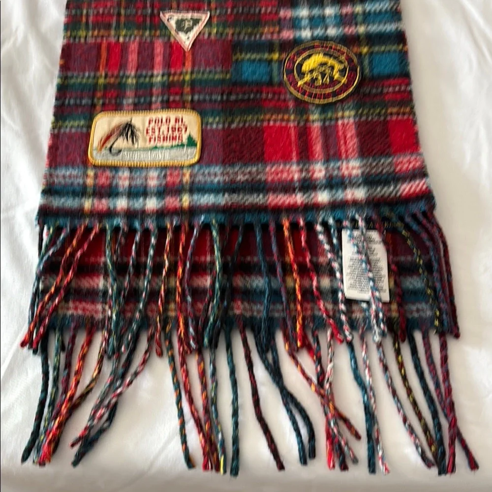 Polo Ralph ITALY Lauren Red Blue WOOL BLEND Plaid FISHING HUNTING PATCHES SCARF